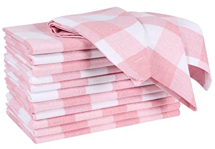 Set di 12 tovaglioli di stoffa a quadretti, 100% cotone, motivo a scacchi, con angoli squadrati e orlo generoso, 45,7 x 45,7 cm, rosa/bianco