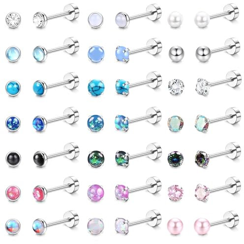 KALVICA 21Paires Hypoallergénique Boucles D'oreilles Femme Argent Hommes Acier Chirurgical Cartilage Boucle D'oreille CZ Opale Pierre de Lune Turquoise Petit Piercing Oreille Helix 20G