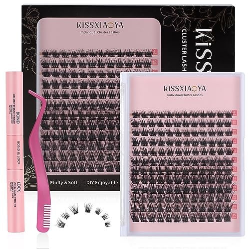 Cluster Eyelash Extensions Kit, 144Pcs D Curl Mix 9-15mm Invisible Bottom Wide Stem Lashes with Lash Bond & Seal & Applicator, Soft Natural False Eyelashes, DIY Individual Lashes at Home(W-7 Kit)