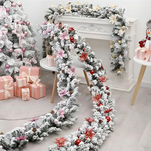 Odot Tannengirlande Weihnachtsdeko, Künstliche Tannengirlande, Weihnachtsgirlande Girlande Weihnachten, Weihnachten Rattan, Kamin Treppe Balkon Dekoration Innen Outdoor (Reben+Rosa Dekorationen)