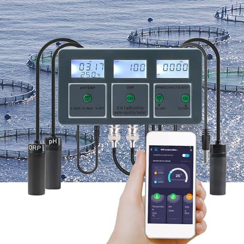 GEHPYYDS Moniteur Intelligent de qualité de l'eau WiFi, détecteur de qualité de l'eau 8 en 1, testeur PH/EC/TDS/sel/S.G/CF/ORP/température, pour Aquariums, piscines hydroponiques