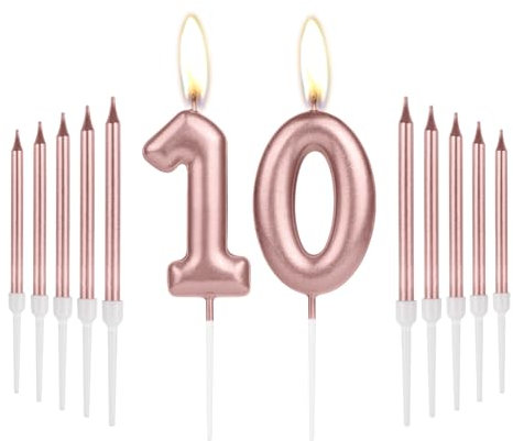 Girls 10th Birthday Decorations - Number 10 Rose Gold Long Candles for Cake Toppers - Perfect for Women's Birthday Parties & 10th Wedding Anniversaries