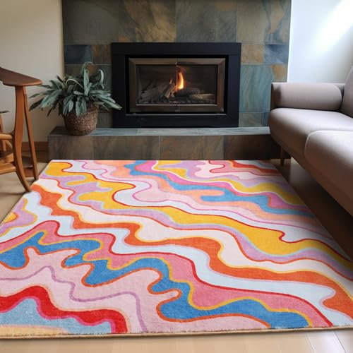 Aldopein Tapis vintage abstrait en fausse laine fine et funky à rayures colorées antidérapant lavable pour cuisine, entrée, chambre à coucher, orange et rose poudré