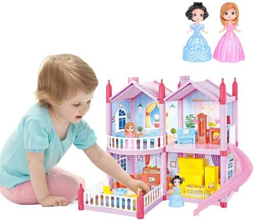 deAO Casa delle bambole con 2 principesse, Mobili e Accessori, Casa delle Bambole da Sogno Rosa per Bambine - 4 Stanze e 1 Giardino, Mobili e Accessori, Regalo per Bambine da 2 a 8 Anni