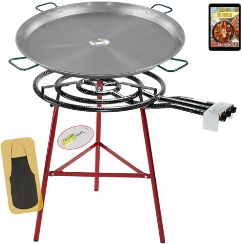 COMBOI Paellero gas butano 70 CM, Kit Quemador Paellera Acero Pulido 90 CM, Soporte Patas reforzadas, Nivel, Delantal, Libro de Recetas Digital