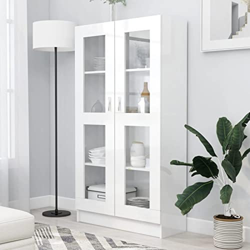 Rantry Vitrine Cabinet High Gloss White 82.5x30.5x150 cm Engineered Wood, Modern Bookcase with Glass Doors, Display Storage Cabinet for Living Room Office Sideboard Shelving Unit