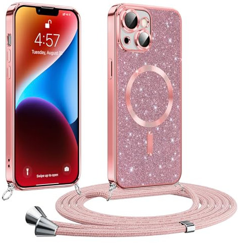 Phoona handyband Hülle für iPhone 14 mit Band, Glitzer Handyhülle Kompatibel mit MagSafe, Ganzkörperschutz Kratzfeste Stossfest Schutzhülle mit Einstellbar Kette, Rosa