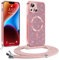 Phoona handyband Hülle für iPhone 14 mit Band, Glitzer Handyhülle Kompatibel mit MagSafe, Ganzkörperschutz Kratzfeste Stossfest Schutzhülle mit Einstellbar Kette, Rosa