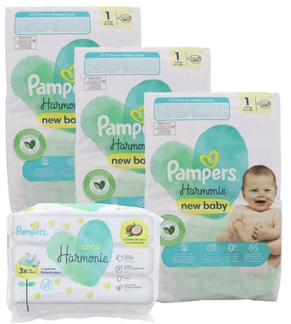 Pampers Harmonie Windeln Größe 1 2-5 kg 180 Windeln + Coco Baby 126 Feuchttücher