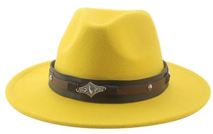 SOYNIA Fedora Trilby Filzhut Hut Fedora-Hut Für Damen Und Herren Cowboy-Hut Große Größe Western-Cowboy-Gürtelbänder Fedoras 60–62 cm (XL) Gelb