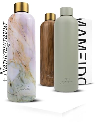 MAMEIDO Edelstahl Trinkflasche personalisiert 750ml - auslaufsichere Trinkflasche mit Namen, personalisertes Geschenk (Pearl Marble Gold, 0,75l)