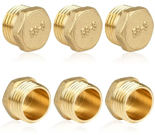 6 Stück Messing Stopfen 1/2 Zoll Außengewinde,Messing Blindstopfen AG mit Sechskant,Endstopfen aus Gewindefitting,Rohrstopfen aus Messing.Messing Fittings für Garten und Innen-Außenwasserleitungen