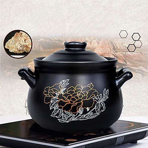 Olla de Barro Redonda Cazuela de cerámica Patrón de Flores Olla de Barro Olla con Tapa Olla Resistente al Calor para cocción Lenta Negro 4,75 litros