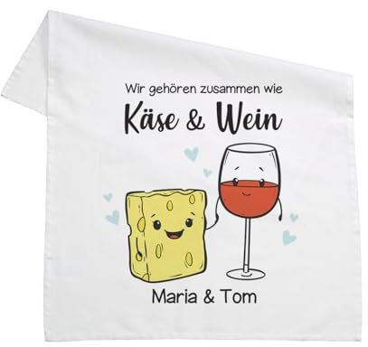 Herz & Heim® Personalisiertes Geschirrtuch 100% Baumwolle 45 x 70 cm mit Aufdruck Ihrer Wunschnamen (Wir gehören zusammen wie Käse & Wein)