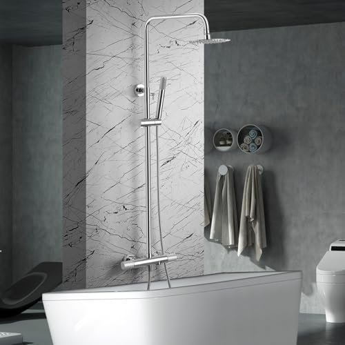 IMEX - Columna Ducha Termostatica sin Grifo | Conjunto de Ducha y Bañera con Alcachofa y Flexo | Griferia con Rociador Ducha Efecto Lluvia | Caudal de 12L/min | Serie Line | Color Cromado