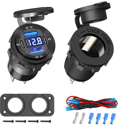 Qidoe Panneau de Prise Chargeur de Voiture 12V: 78W Aluminum 4 Port Double 30W PD & Double QC 3.0 USB 150 W Prise Allume Cigare avec Voltmètre pour 12V/24V Bateau SUV Camion Caravane Marine