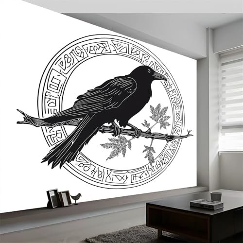 Fototapete Minimalistische Runen Wanddekoration, Rune Kreis Krähe Zweig Tapeten Wandtapete 450 x 315 cm (B x H), für Wohnzimmer Schlafzimmer Wandtapete Panorama Poster Wandbild für Kinderzimmer