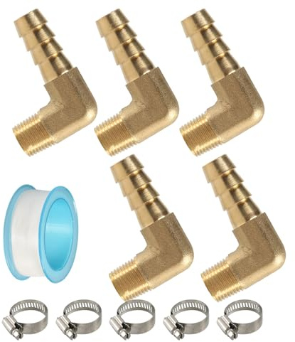5 Stück 90-Grad-L-Messing-Schlauch mit Schlauchschelle für Kraftstoff/Wasser/Luft/Öl/Gas in 1/8 Zoll mit 3/8 Zoll Schelle