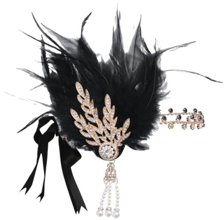 XDGBGFN Damen 1920s Stirnband Blatt-Strass mit Feder Haarband Kostüm Accessoires 20er Jahre Stil Flapper Damen Fasching Party Zubehör Kostüm Accessoires (Schwarz)