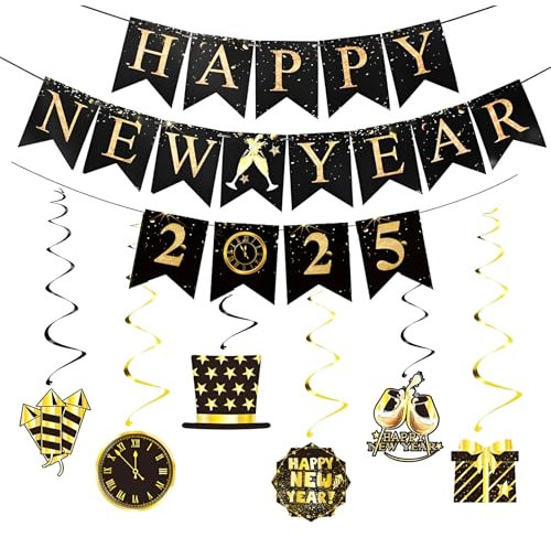 Silvester Deko 2025 - Happy New Year Girlande, Hängende Wirbel Dekoration Set Schwarz Gold, Spiral Girlanden für Neujahr Party Zubehör