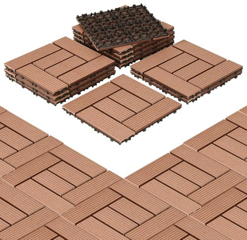 Eulenke WPC Terrassenfliesen 11 Stück, 30x30 cm Terrassendielen für Balkon Boden, KlickTerrassenfliesen, BalkonTerrassenfliesen in Holzoptik, Bodenbelag Wetterfest für Terrasse, für 1 m², Rotbraun