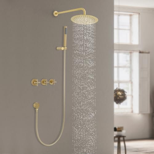 Regendusche Unterputz Duscharmatur Set mit Handbrause Duschsystem Ohne Armatur aus Hochwertig Edelstahl und Messing für Badezimmer (Gold)