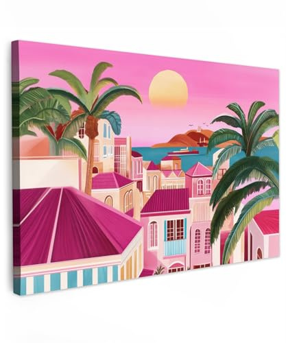 MuchoWow© Wandbilder Groß XXL Wohnzimmer Wanddeko Schlafzimmer Zimmerdeko | 120x80 cm - Wandgemälde Zimmer Deko auf Wand Dekoration Wall Art Stadt - Rosa - Palmen