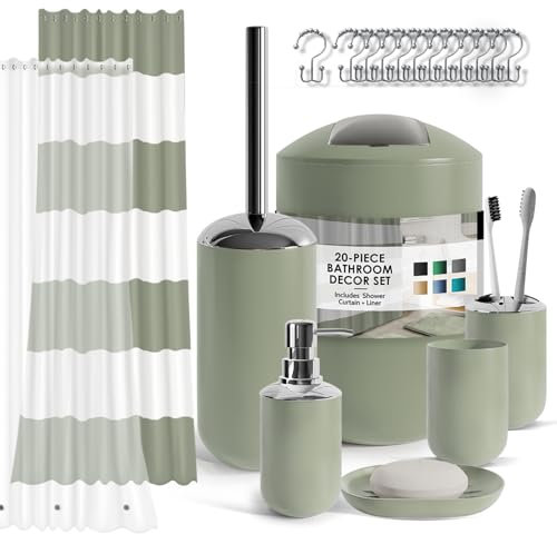 Clara Clark Set di accessori da bagno verde salvia, set di accessori da bagno da 20 pezzi, set di tende da doccia con fodera, portaspazzolino, dispenser di sapone, portasapone e portascopino per WC