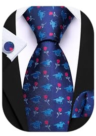 Barry.Wang Mens Tie Silk Blue Necktie Animal Print Pocket Square Cufflinks Set Wedding Business