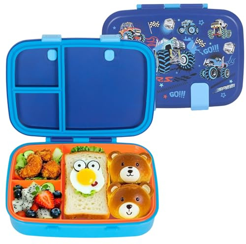 PinkSheep Bento Lunch Boxes for Kids, 800ml BPA-Free Leak-Proof Children Food Containers with 3 Compartments (Racing)