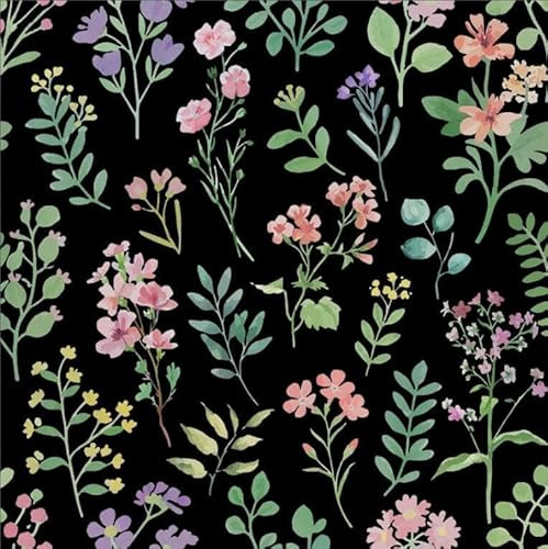 LACHEERY Papier Peint Fleuri Noir Vinyle Adhesif Mural Salon 44.5cm x 200cm Papier Peint Adhesif Mural Cuisine Lavable avec Fleur Colorée Vinyle Vintage Decoratif pour Chambre Toilette Armoire Mur