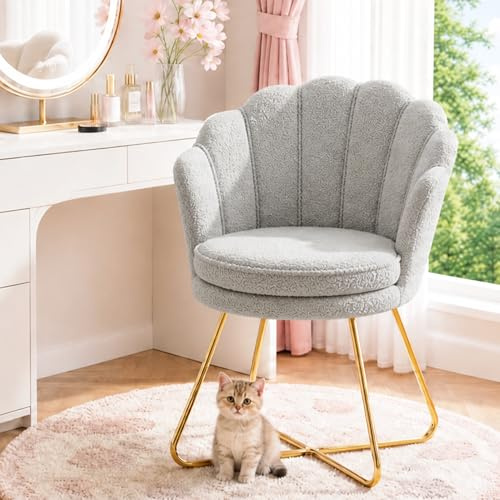 Hellove Esszimmerstühle Schminktisch Stuhl aus Teddy, Schminkstuhl Muschel Stuhl mit Gold Metallbeinen, Grau Vanity Sessel, Elegant Loungesessel, Armlehnstuhl für Schlafzimmer & Wohnzimmer
