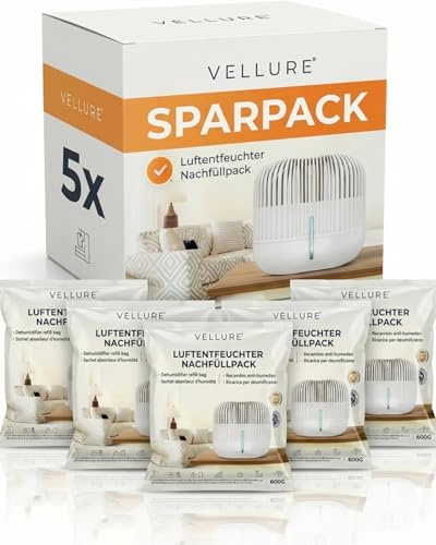 Vellure® 5x Luftentfeuchter Nachfüllpack 600g (Sparvorteils 5er Set Luftentfeuchter Granulat) I Entfeuchter Nachfüllpack (Schimmel- und Geruchsschutz)