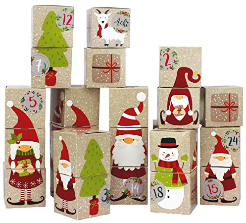Papierdrachen DIY Adventskalender zum Befüllen - Kisten Set - Motiv Wichtel - 24 bunte Schachteln aus Karton zum Aufstellen und zum Befüllen - 24 Boxen - Weihnachten 2024
