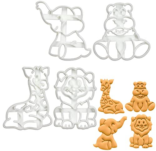 4er Set Safari-Babys Ausstechformen (Formen: Löwe, Elefant, Nilpferd, Giraffe), 4 Teile, Bakerlogy