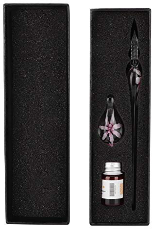 Simlug Glass Dip Pen,Glass Signature Pen Calligraphy Pen Set, Crystal Glass Dip Pen Retro Elegant Flower Signature Ink Fountain Pen with Ink Penholder(Pink)