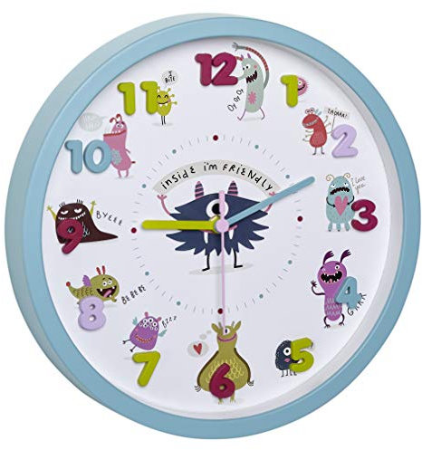 TFA Dostmann Little Monsters Kinder-Wanduhr mit Monster-Motiven, leises Uhrwerk, ideal für das Kinderzimmer, Kunststoff, Glas, türkis, (L) 309 x (B) 44 x (H) 309 mm