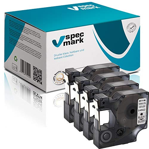 specmark Kompatibel für DYMO D1 45022 S0720590 Schriftband 12mm x 7m Satz x 4 St. Schwarz auf Silber Kompatibel mit LM LabelManager LP LabelPoint LW LabelWriter DUO