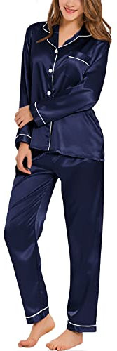 SWOMOG Seidenpyjama für Damen Langarm Knopf Nieder Pyjamas Sets Zweiteiliger Nachtwäsche Damen Satin Hemdpyjama mit Brusttasche Loungewear Marineblau