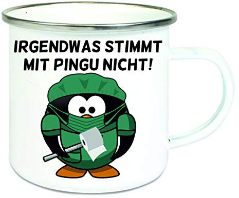 Crealuxe Emaille Tasse Irgendwas stimmt mit Pingu nicht - Kaffeetasse mit Motiv, Campingtasse, bedruckte Emailletasse mit Wunschtext