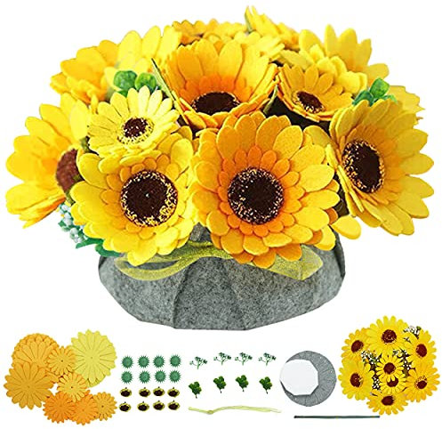 BAZIMA DIY Felt Flower Art Craft Kit, DIY Sunflower Pot Bonsai Kit, Floral Gifts, Beginner Craft Kit, Arrange Pre-Cut Flowers and Foliage
