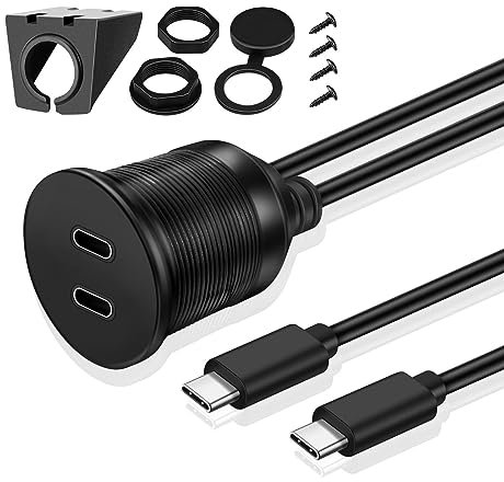 TNP USB C Einbaubuchse Kabel - 1m, Kfz USB 3.0 Einbau Buchse Kabel, USB Typ C Verlängerungskabel, USB Armaturenbrett Kabel, 2X Typ C Stecker auf 2X Typ C Buchse für Auto, LKW, Boot, Motorrad, schwarz