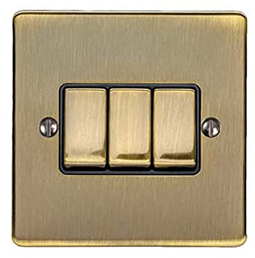 3 Gang Triple Light Switch – ANTIQUE BRASS & Black Trim – 2 Way 10 Amp – Dark Gunmetal Decorative Wall Plate & Solid Metal Rocker – On/Off Mains Lighting Switch