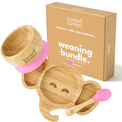 bamboo bamboo Elefant-Saugplatte für Babys - Leistungsstarke abnehmbare Saugbasis - Natürliche Bambus-BPA-freie Kleinkind-Platten für den Aufenthalt Put-Fütterung (Elefant, Rosa)