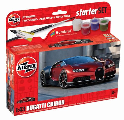 Airfix Kit de démarrage – A55005 Bugatti Chiron – Maquette de voiture en plastique pour adultes et enfants de 8 ans et plus, le lot comprend des décalcomanies, des peintures acryliques Humbrol, un
