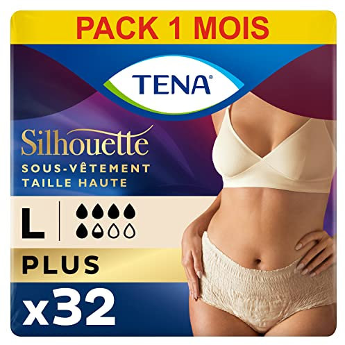 TENA Silhouette Plus Taille Haute - Sous-vêtements Absorbants Jetables Incontience Femme - Post-accouchement - Pour Fuites Urinaires Modérées à Fortes - Crème - Taille L - 32 Culottes (Pack 1 mois)