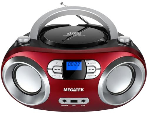 MEGATEK Portable CD Player Boombox with FM Radio, Bluetooth, USB Port, AUX Input, and Headphone Jack – CD-R/CD-RW/MP3-CD Compatible, Clear Stereo Sound, Backlit LCD Display – Cherry Red