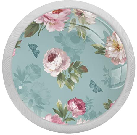 Schubladenknäufe im Vintage-Stil, rosa Blumen und Schmetterlinge, für Kommoden, Türen, Schränke, Schubladen, 4 Stück