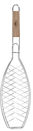 Rivanto® Edelstahl Grill-Fischhalter Eschenholz-Griff, Länge 58 cm, Korblänge 14 cm, Höhe ca. 2 cm