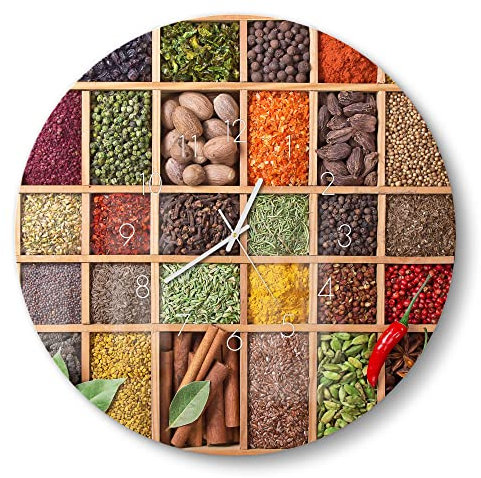 DEQORI Glasuhr | rund Ø 50 cm | Motiv Gefülltes Gewürzregal | große XXL Design Uhr aus Glas | leise Wanduhr für Wohnzimmer & Küche | Moderne Hingucker Uhr für die Wand